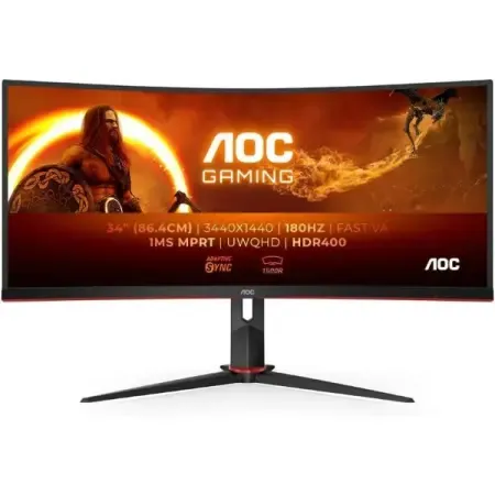AOC CU34G2XP/BK 34 Inch Gaming Monitor Ultra QHD, 1440p, 180Hz, 1.0ms GTG, HDR 400, Ergonomic, Wide Angle 178° Curved, Height Adjustable, VESA Certified Display Ideal for Multitasking Monitor for PC