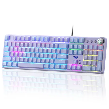 AULA F2088PRO FULL SIZE USB WIRED MECHANICAL GAMING KEYBOARD WITH MEDIA KNOB | RGB RAINBOW BACKLIT, REMOVABLE UPPER COVER, 108 PROGRAMMABLE KEYS KEYBOARDS FOR MAC/WINDOWS | PURPLE, RED SWITCHES
