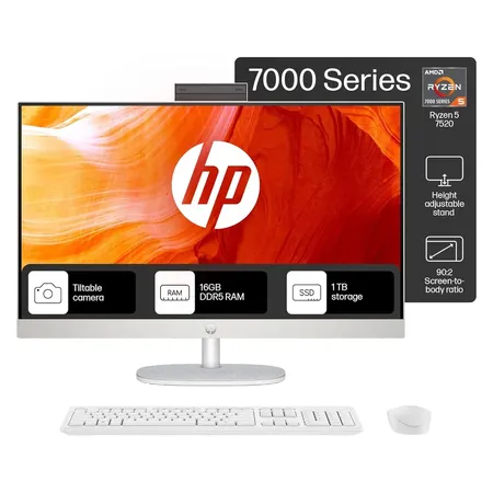 HP ALL-IN-ONE PC RYZEN 5 7520U 27-INCH(68.6CM) FHD IPS DISPLAY, 16GB LPDDR5, 1TB SSD, AMD RADEON GRAPHICS, WIRELESS KEYBOARD AND MOUSE COMBO, FHD CAMERA, (WIN 11, MSO, SHELL WHITE, 6.72KG) 27-CR0445IN