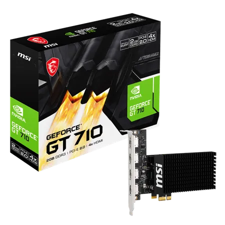 MSI GeForce GT 710 2GD3H 4HDMI Graphic Card - NVIDIA GeForce GT 710 GPU, 2GB DDR3 64-bit Memory, PCI Express Gen 2.0 x1 Interface, Upto 954 MHz