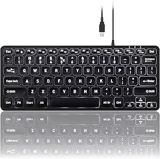 PERIBOARD-332 Mini Wired Backlit Keyboard – Ultra-Slim USB Keyboard with White LED, Quiet Scissor Keys, and Large Print Letters – Compact Design – US English Layout, Black
