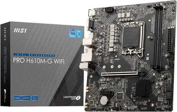MSI PRO H610M-G WiFi Motherboard – Micro-ATX, Supports 12th/13th/14th Gen Intel Core Processors, LGA 1700 Socket, DDR5 Memory Boost 5600MHz/MAX, PCIe 4, 1G LAN, M.2 Slots, USB 3.2, Wi-Fi 6E