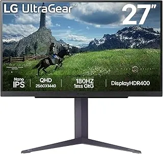 LG 27GS85Q Ultragear Gaming Monitor, 27", QHD, 2560 x 1440, Nano IPS, 1ms (GtG), 180Hz, NVIDIA G-SYNC Compatible, AMD FreeSync, HDR 400, Tilt/Height/Pivot Stand, HDMI, DP, HP Out, Black