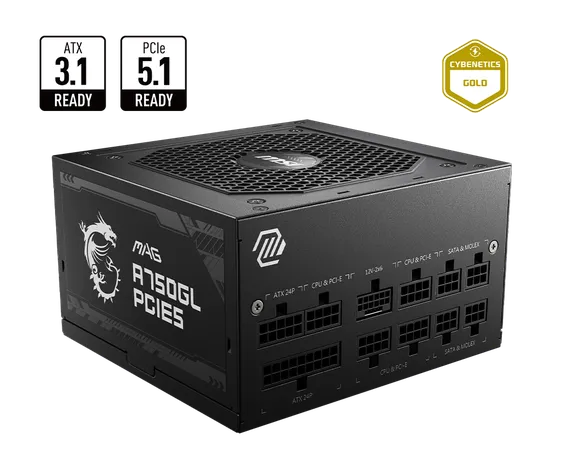 MSI MAG A750GL PCIE5 750W 80 Plus Gold SMPS Fully Modular ATX 3.0 Power Supply Unit - Black
