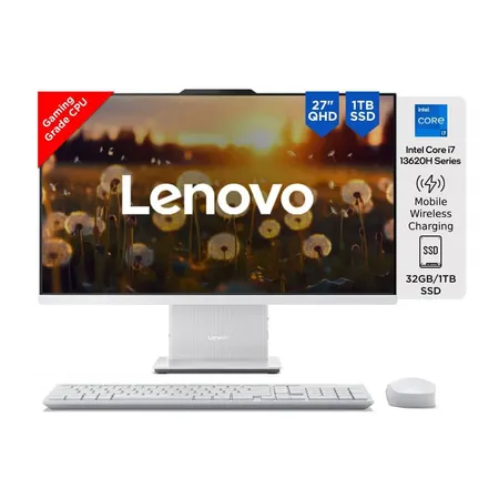 LENOVO IDEACENTRE AIO INTEL CORE I7 13620H 27 INCH FHD IPS 3-SIDE EDGELESS ALL-IN-ONE DESKTOP (16GB/1TB SSD/WIN11/OFFICE 21/5.0MP+IR CAMERA/3WX2 HARMAN SPEAKERS/WIRELESS EOS KEYBOARD & MOUSE), F0HM003EIN