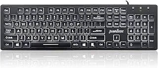 Perixx PERIBOARD-317 Large-Print Backlit USB Keyboard – White LED Illumination, Full-Size 104-Key Quiet Chiclet, Slim Low-Profile Design, Plug-and-Play Windows PC, Black