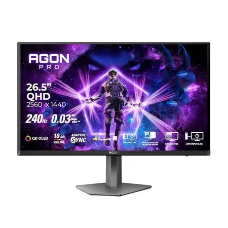 AOC Agon 27, QD -OLED , 240 Hz , 0.03 MS , 1000 cd/m² , HDMI 2.0 x 2, DP 1.4 x 2, USB-3.2 x1 , Speaker 5Wx 2 , HAS , sRGB 100% , DCI-P3 98.5% / Flicker Free / Multi Task ( PIP/PBP ) / Low IN out leg.