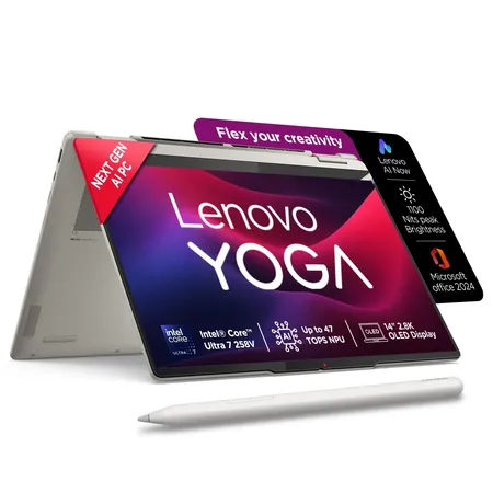 LENOVO YOGA 7 2-IN-1 INTEL CORE ULTRA 7 258V,COPILOT+ AI PC(32GB RAM/1TB SSD/14(35.5CM) WQXGA+ OLED/47 TOPS/WIN 11/OFFICE HOME 2024/YOGA PEN/1YEAR ADP/SEASHELL/1.38KG),83JQ000NIN CONVERTIBLE LAPTOP