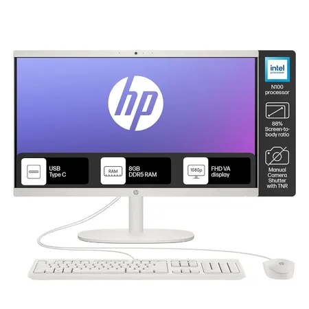 HP ALL-IN-ONE DESKTOP,INTEL CELERON -N100,21.45 INCH(54.5CM),FHD,ANTI-GLARE,8 GB DDR5, 512GB SSD,DUAL 2W SPEAKERS,WHITE WIRED KEYBOARD AND MOUSE COMBO,WHITE, WINDOWS 11, 4.17KG,22-DG0153IN