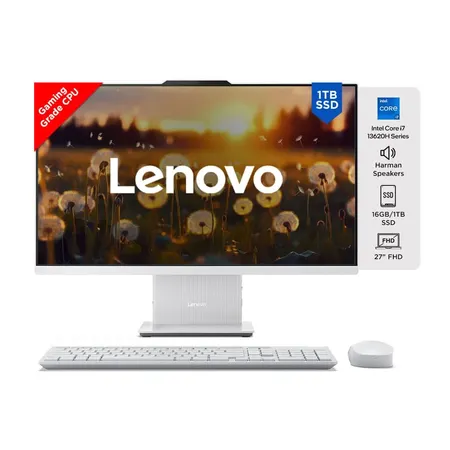 LENOVO IDEACENTRE AIO INTEL CORE I7 13620H 27 INCH FHD IPS 3-SIDE EDGELESS ALL-IN-ONE DESKTOP (16GB/1TB SSD/WIN11/OFFICE 21/5.0MP+IR CAMERA/3WX2 HARMAN SPEAKERS/WIRELESS EOS KEYBOARD & MOUSE), F0HM003EIN